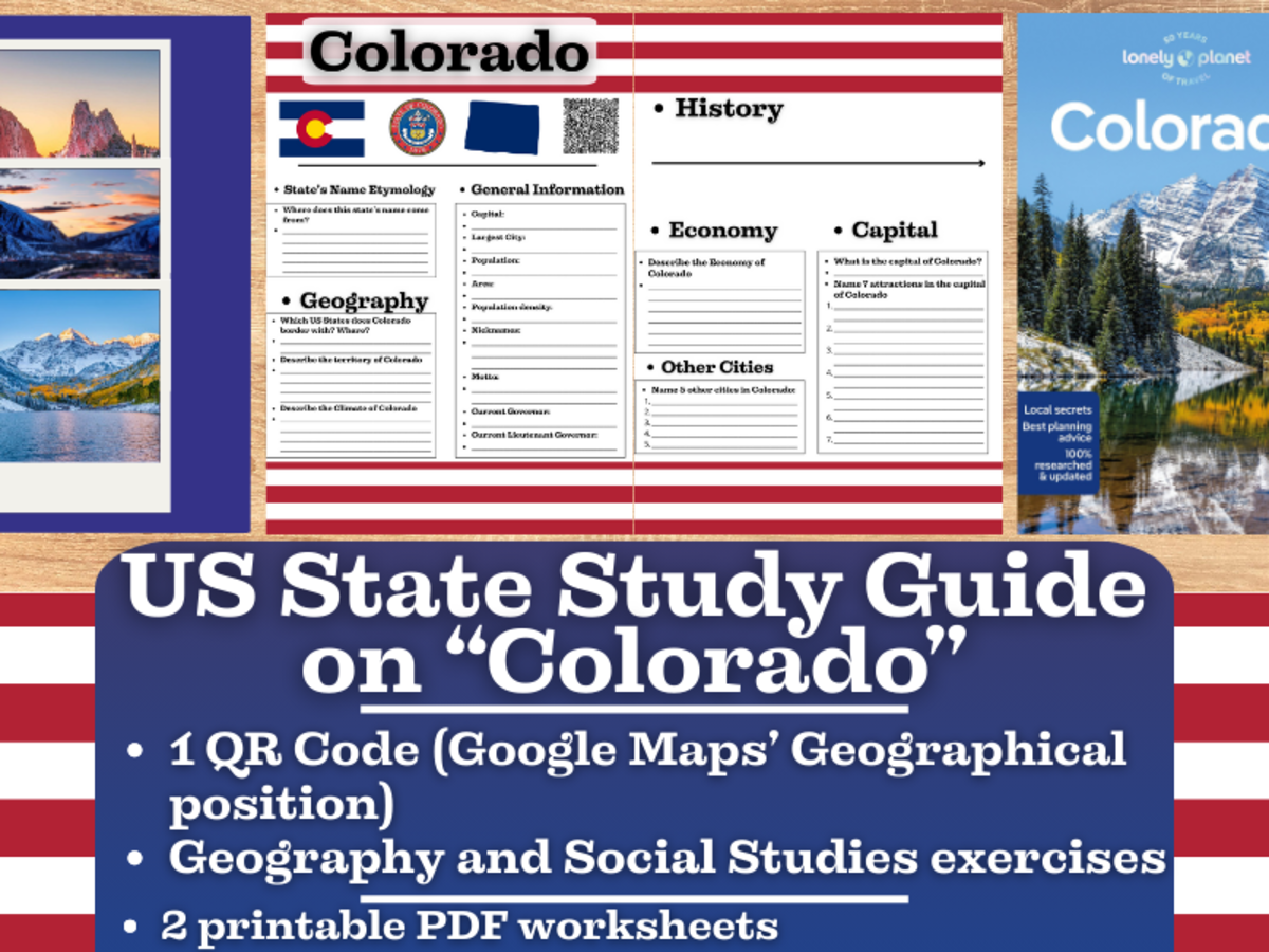 An educational teaching resource from Learning with Alan entitled US State Study Guide Worksheets on "Colorado" downloadable at Teach Simple.