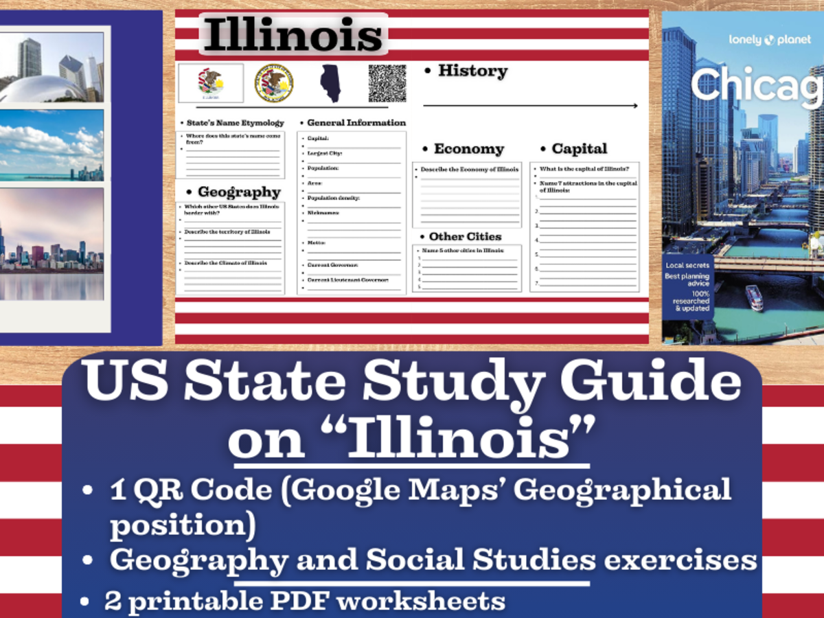 An educational teaching resource from Learning with Alan entitled US State Study Guide Worksheets on Illinois downloadable at Teach Simple.
