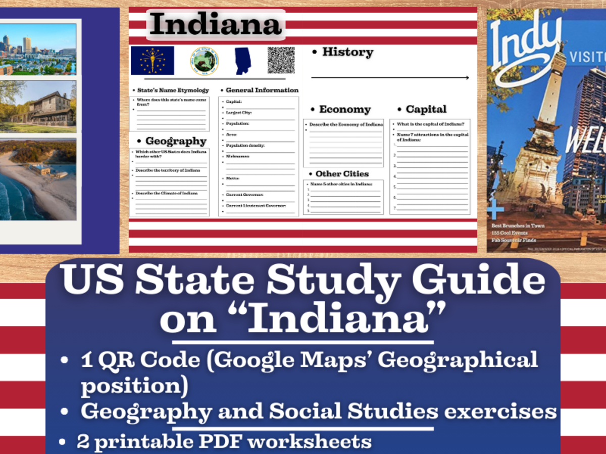 An educational teaching resource from Learning with Alan entitled US State Study Guide Worksheets on Indiana downloadable at Teach Simple.