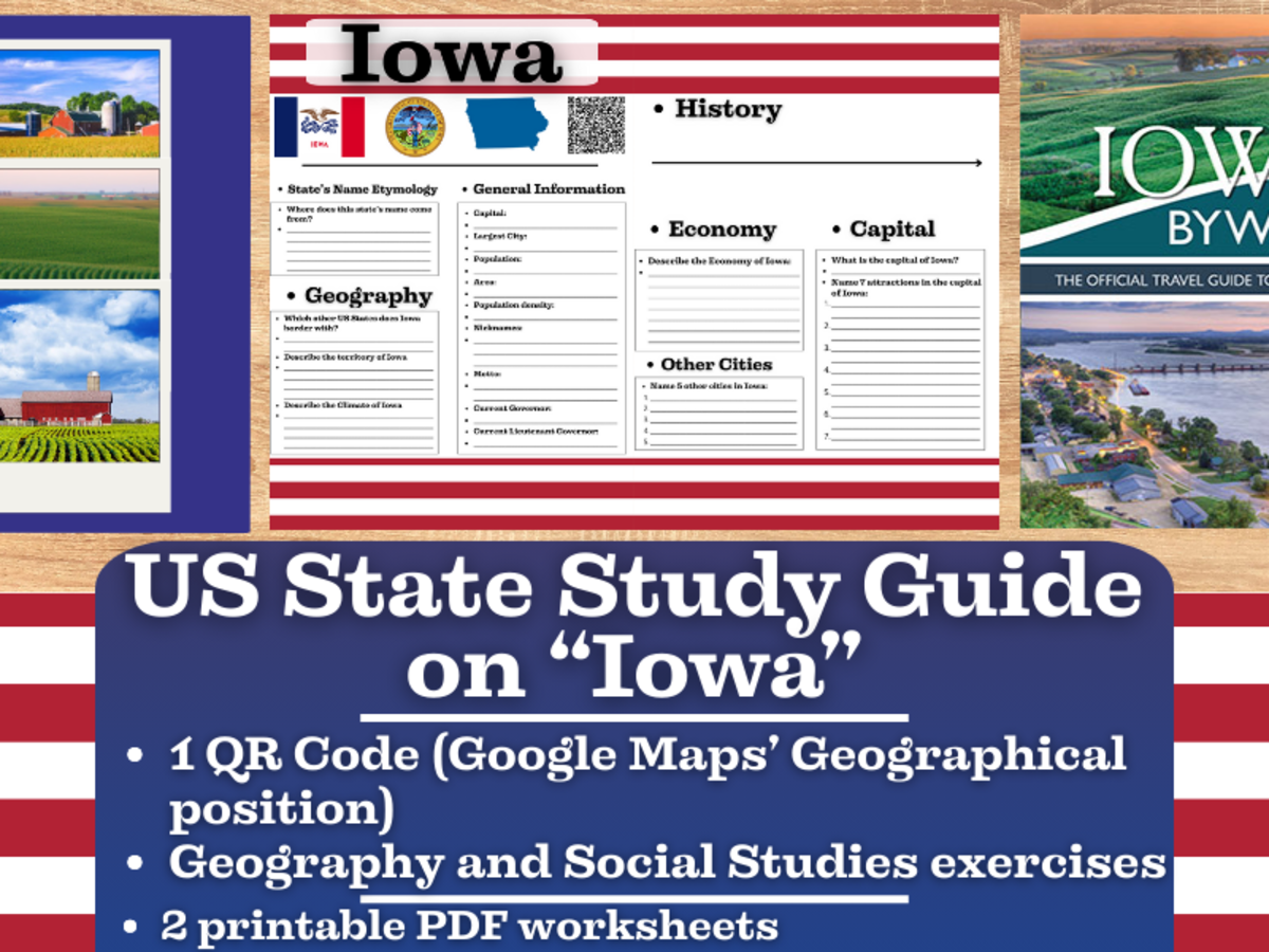 An educational teaching resource from Learning with Alan entitled US State Study Guide Worksheets on Iowa downloadable at Teach Simple.
