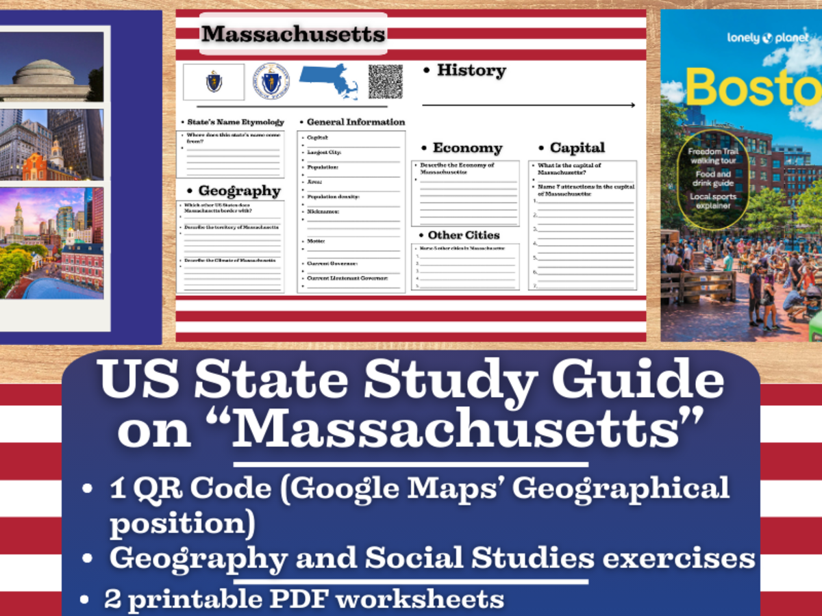 An educational teaching resource from Learning with Alan entitled US State Study Guide Worksheets on Massachusetts downloadable at Teach Simple.