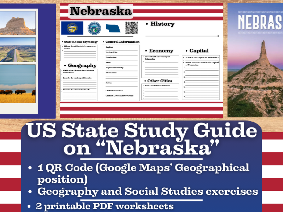 An educational teaching resource from Learning with Alan entitled US State Study Guide Worksheets on Nebraska downloadable at Teach Simple.