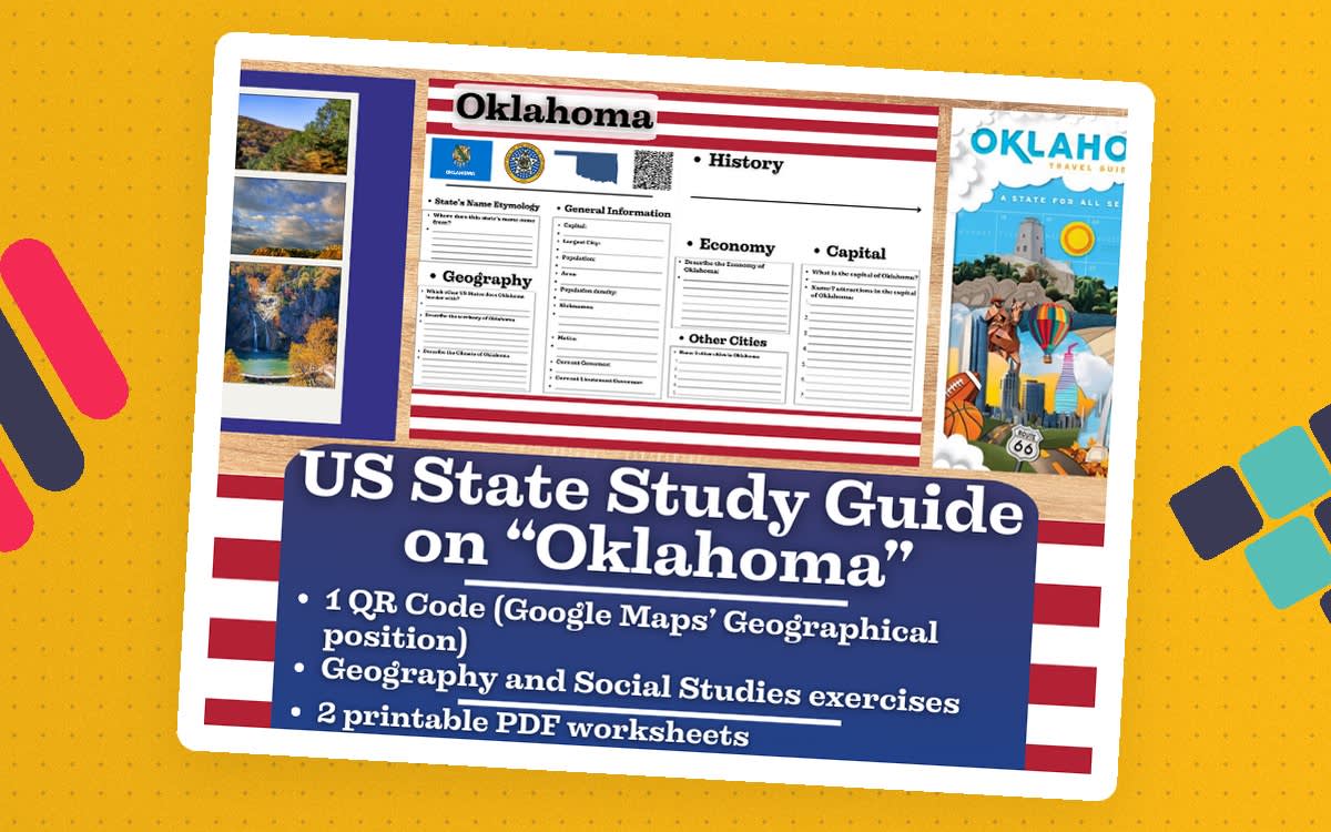 An educational teaching resource from Learning with Alan entitled US State Study Guide Worksheets on Oklahoma downloadable at Teach Simple.