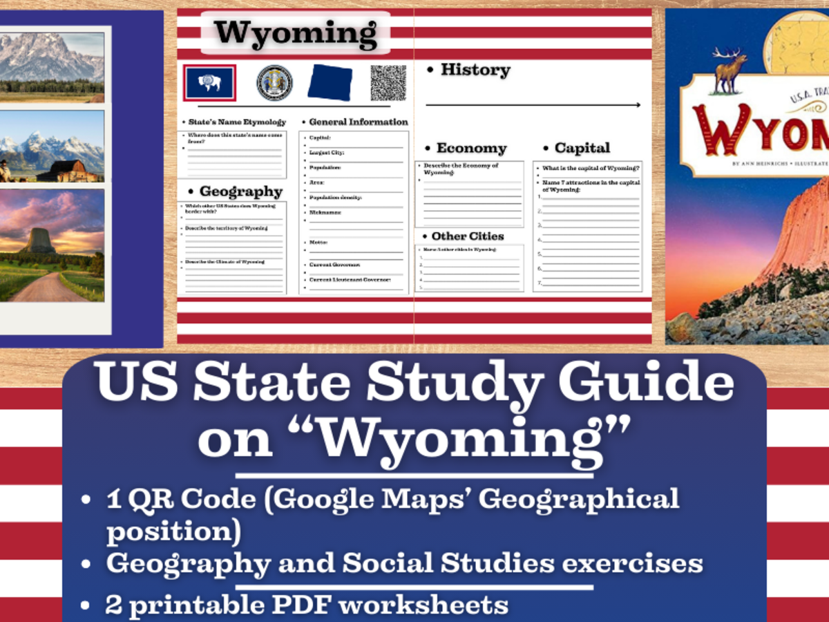 An educational teaching resource from Learning with Alan entitled US State Study Guide Worksheets on Wyoming downloadable at Teach Simple.