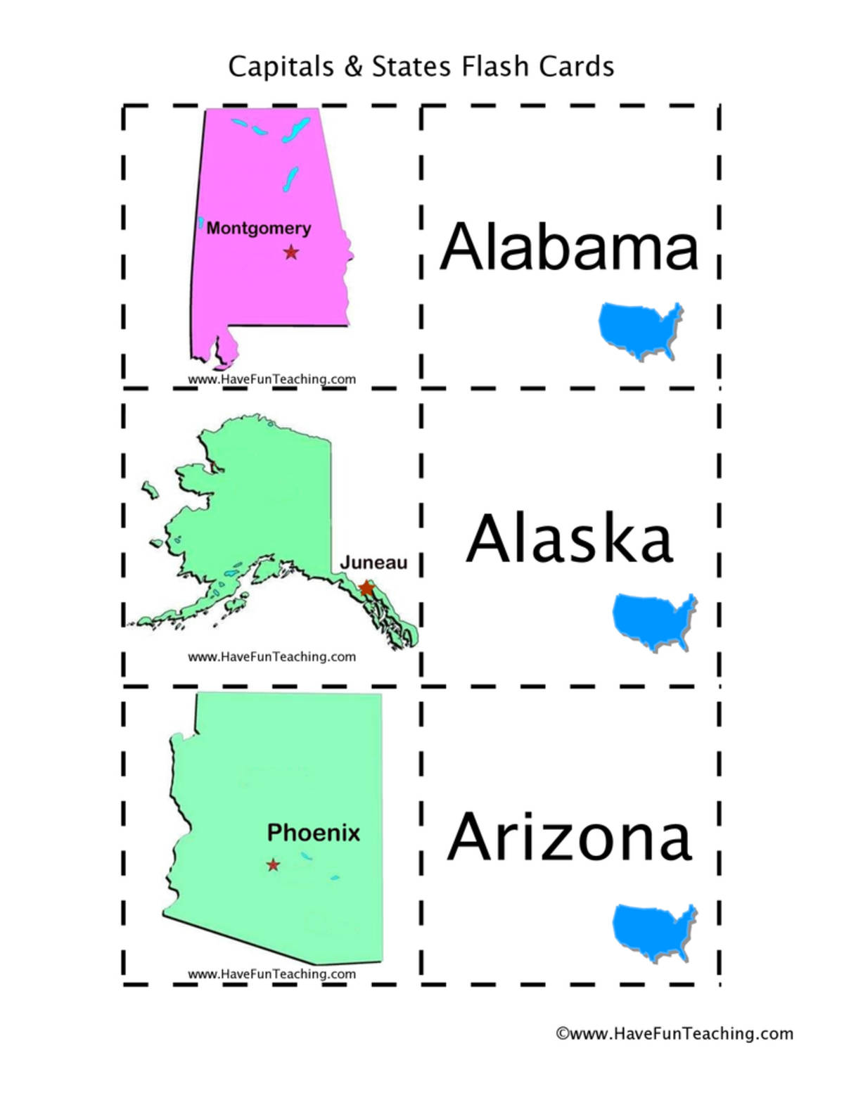 An educational teaching resource from Have Fun Teaching entitled US States and Capitals Picture Flash Cards downloadable at Teach Simple.