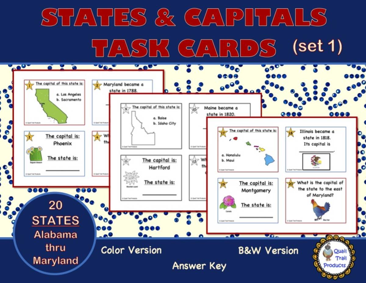 An educational teaching resource from Quail Trail Products entitled U.S. States and Capitals Set 1 TASK CARDS downloadable at Teach Simple.