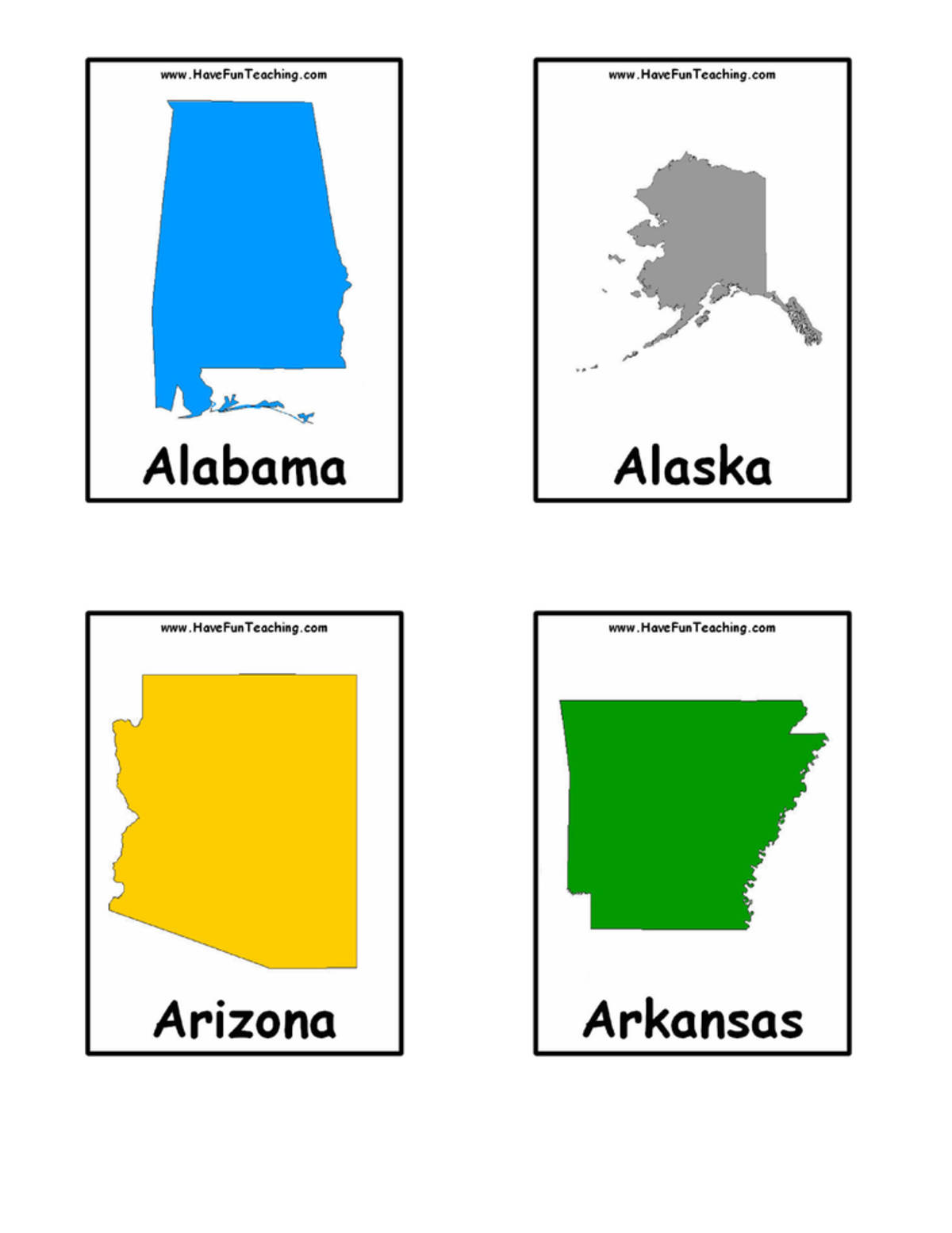 An educational teaching resource from Have Fun Teaching entitled US States Color Flash Cards downloadable at Teach Simple.