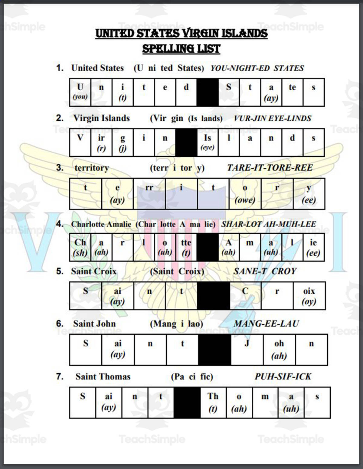 An educational teaching resource from Mr. Matthews Teacher Store entitled U.S. Virgin Islands Spelling List downloadable at Teach Simple.