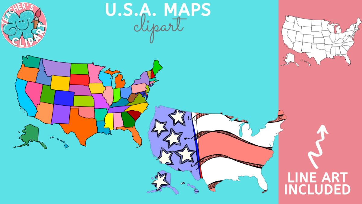 An educational teaching resource from Teacher's Clipart entitled USA States Map Clip Art | 107 Graphics Set | Colored & Line Art downloadable at Teach Simple.
