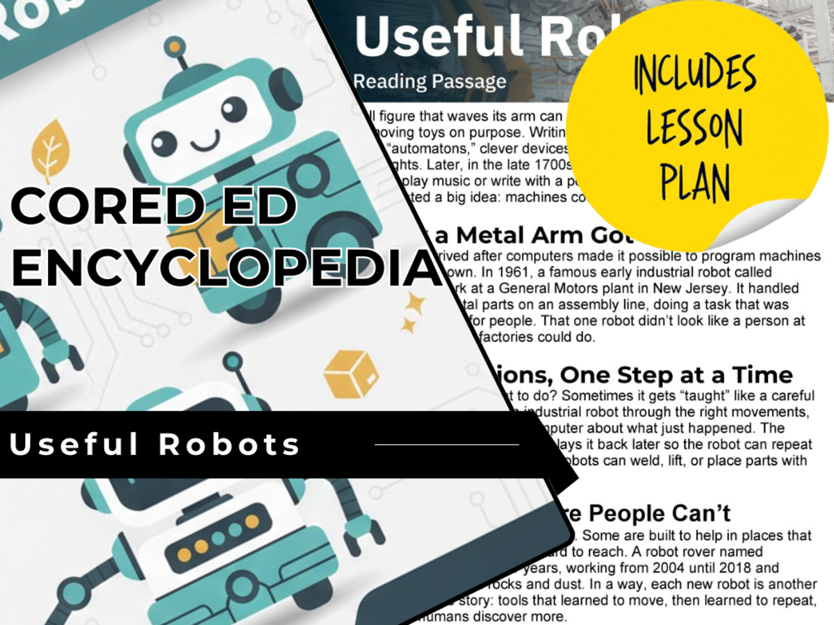An educational teaching resource from Cored Education entitled Useful Robots Reading Comprehension Passage - Cored Ed Encyclopedia downloadable at Teach Simple.