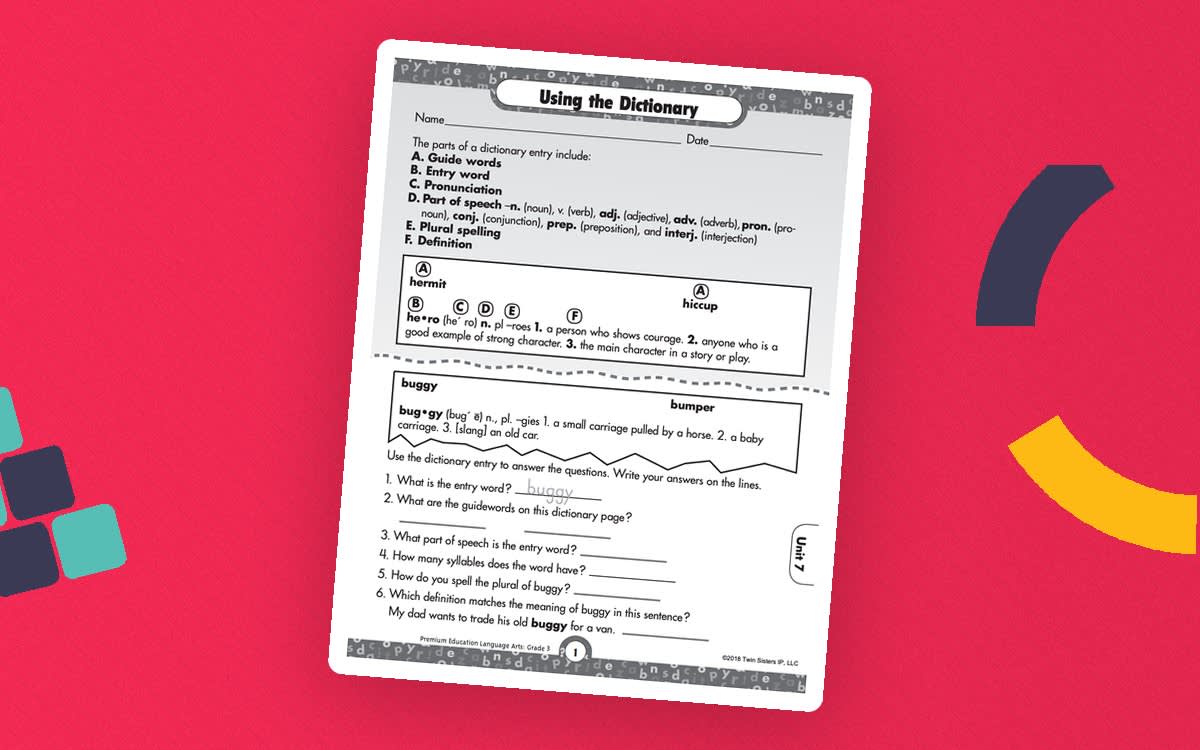 An educational teaching resource from Twin Sisters Digital Media entitled Using A Dictionary Printable Workbook downloadable at Teach Simple.