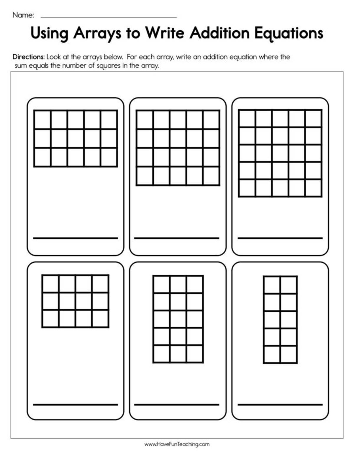 An educational teaching resource from Have Fun Teaching entitled Using Arrays to Write Addition Equations Worksheet downloadable at Teach Simple.