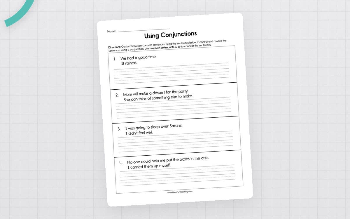 An educational teaching resource from Have Fun Teaching entitled Using Conjunctions Worksheet downloadable at Teach Simple.