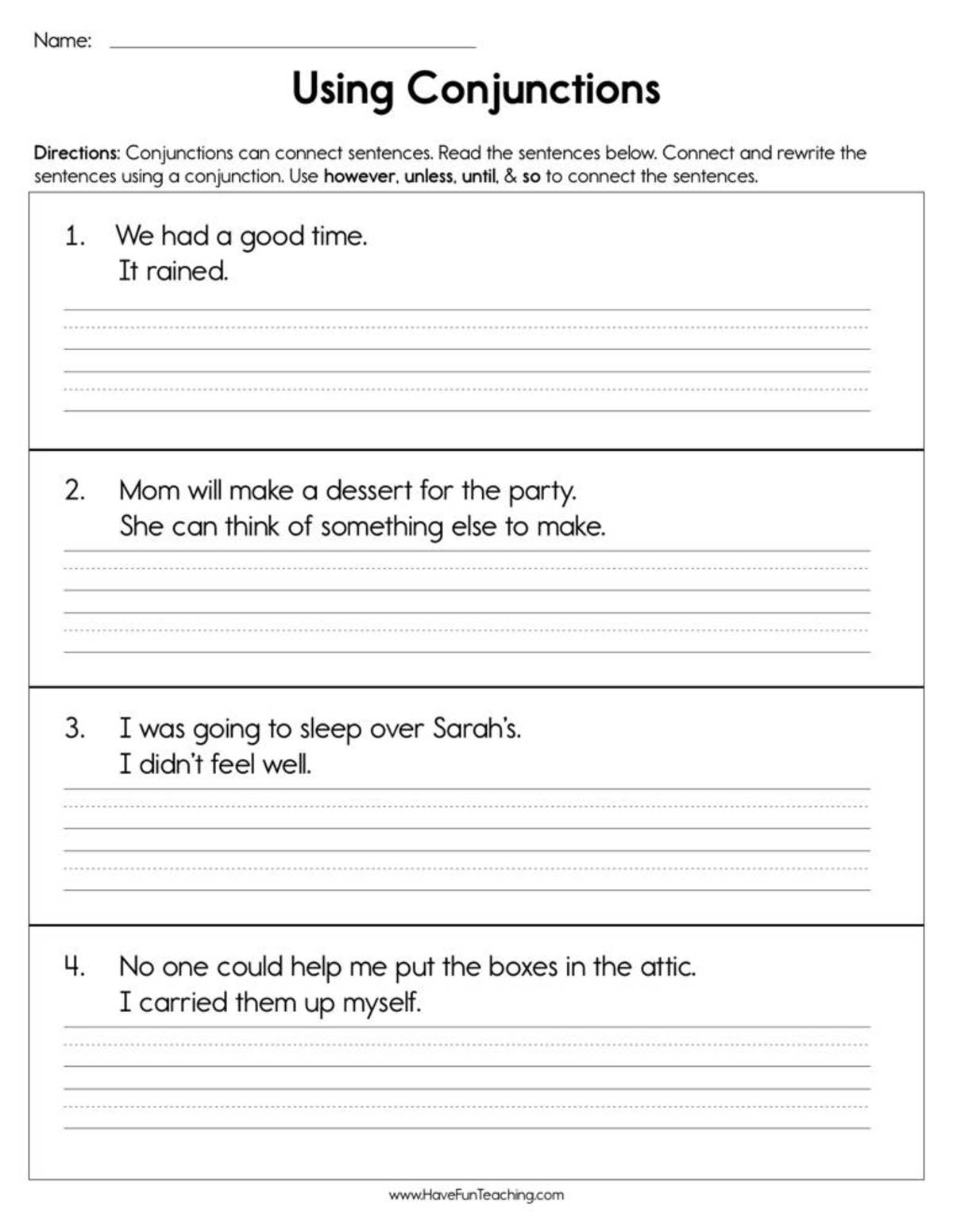 An educational teaching resource from Have Fun Teaching entitled Using Conjunctions Worksheet downloadable at Teach Simple.