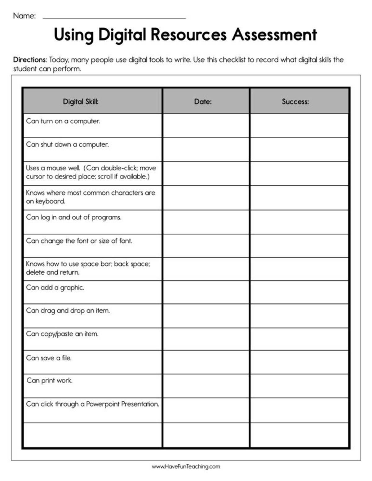 An educational teaching resource from Have Fun Teaching entitled Using Digital Resources Assessment Worksheet downloadable at Teach Simple.