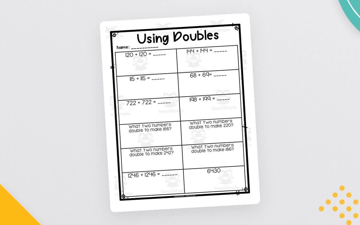 An educational teaching resource from Rathgeber Resources entitled Using Doubles Worksheet downloadable at Teach Simple.