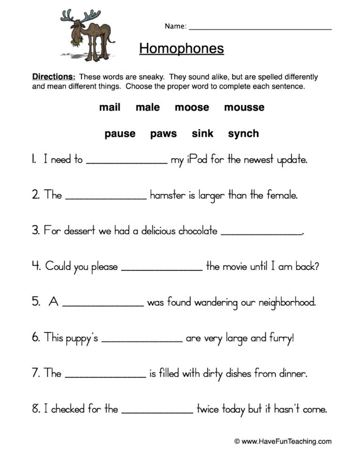 An educational teaching resource from Have Fun Teaching entitled Using Homophones Worksheet downloadable at Teach Simple.