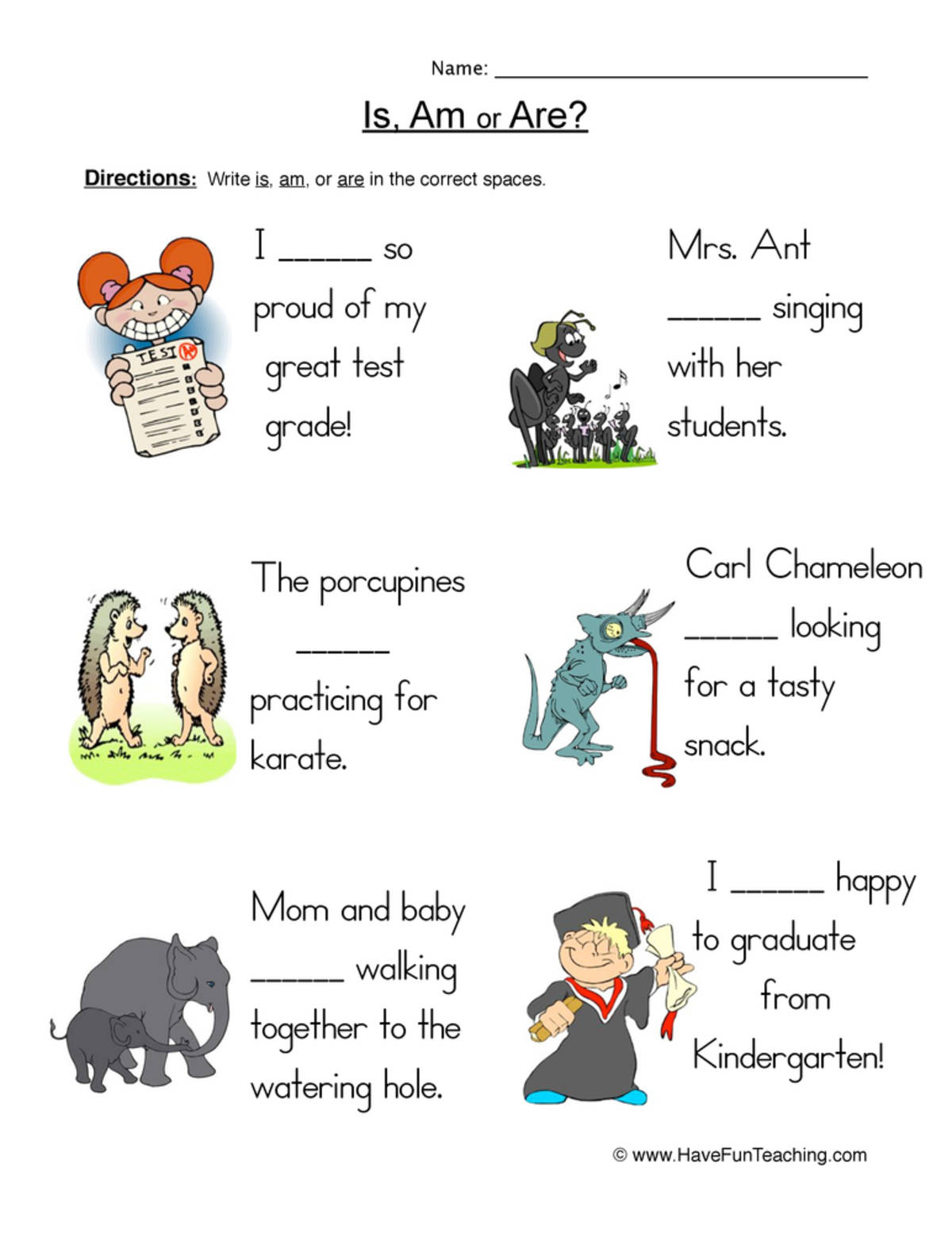 An educational teaching resource from Have Fun Teaching entitled Using Is Am Are Worksheet downloadable at Teach Simple.