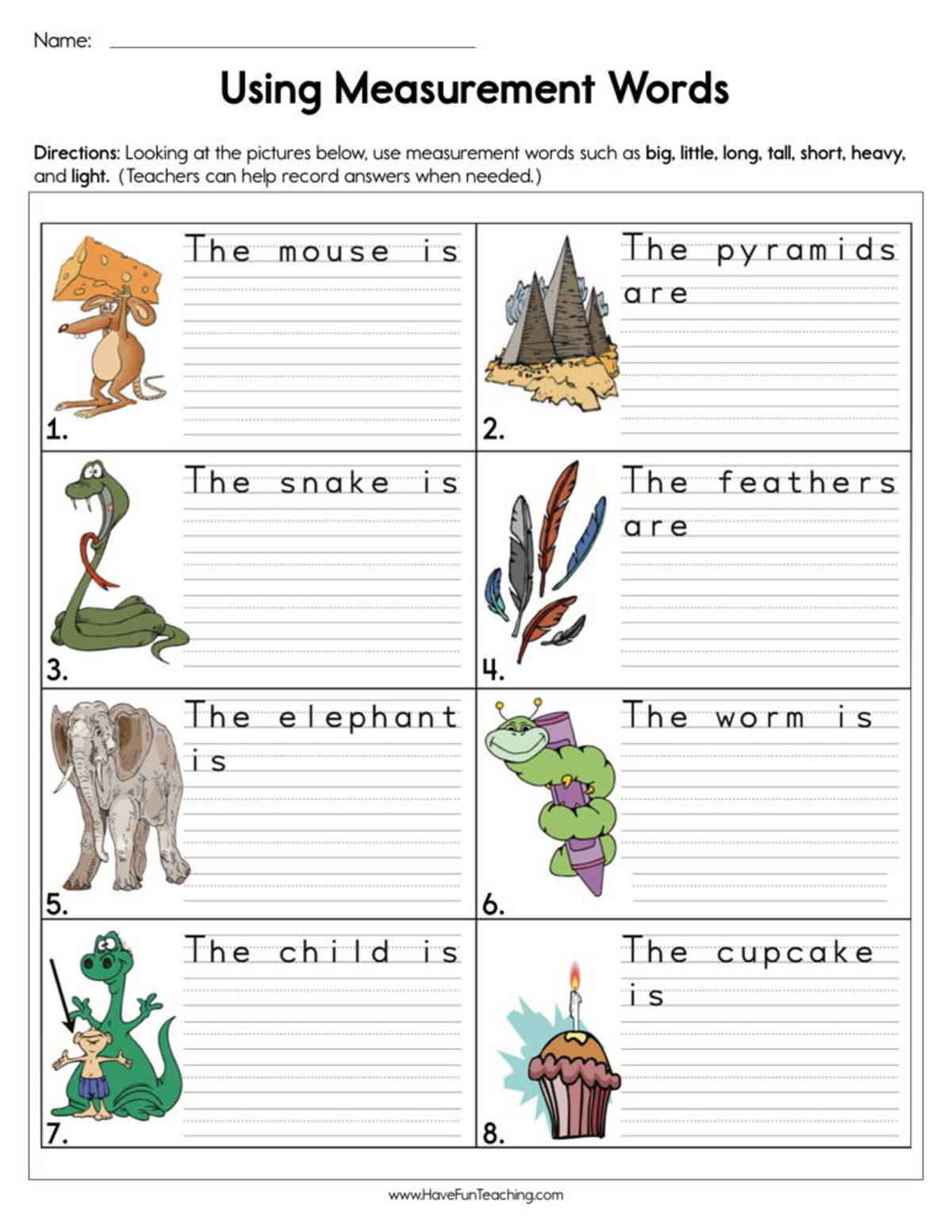 An educational teaching resource from Have Fun Teaching entitled Using Measurement Words Worksheet downloadable at Teach Simple.