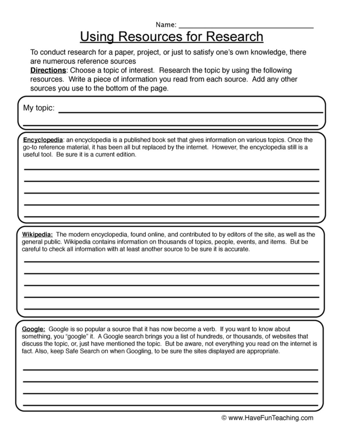 An educational teaching resource from Have Fun Teaching entitled Using Resources Worksheet downloadable at Teach Simple.
