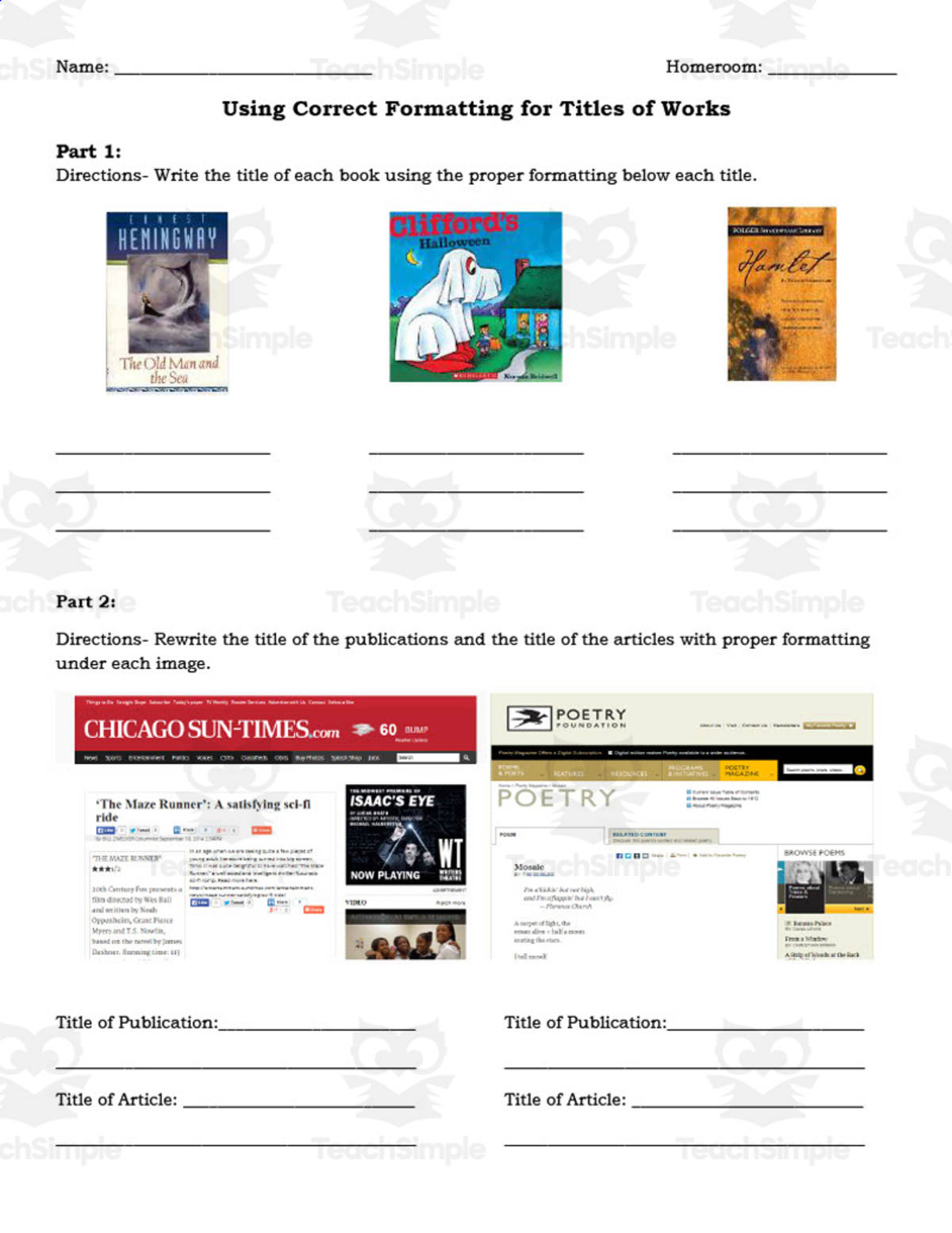 An educational teaching resource from ELA Resources entitled Using Titles Worksheet downloadable at Teach Simple.