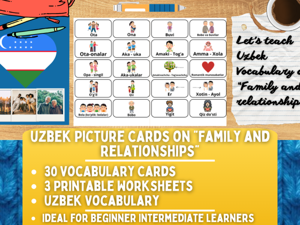 An educational teaching resource from Learning with Alan entitled Uzbek Picture Vocabulary Flashcards - Family & Relationships downloadable at Teach Simple.