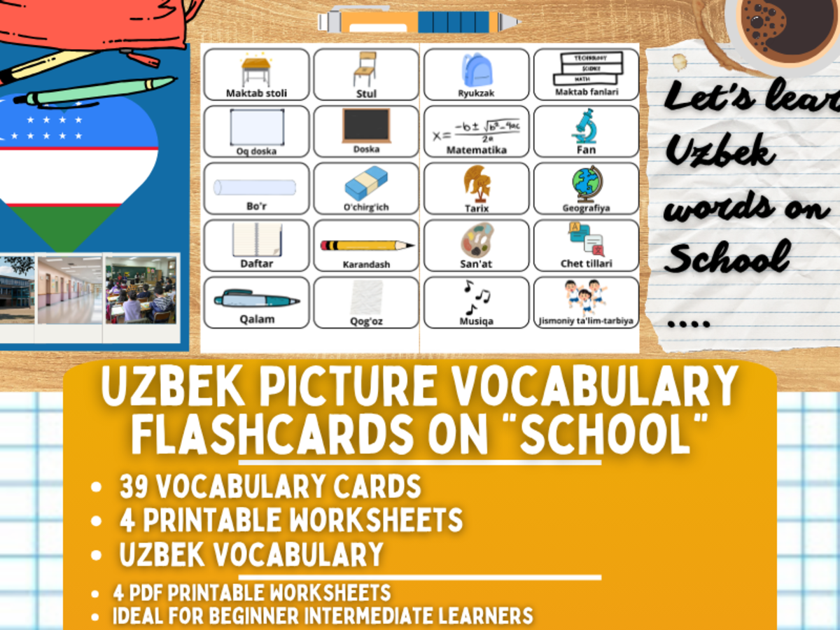 An educational teaching resource from Learning with Alan entitled Uzbek Picture Vocabulary Flashcards - School downloadable at Teach Simple.