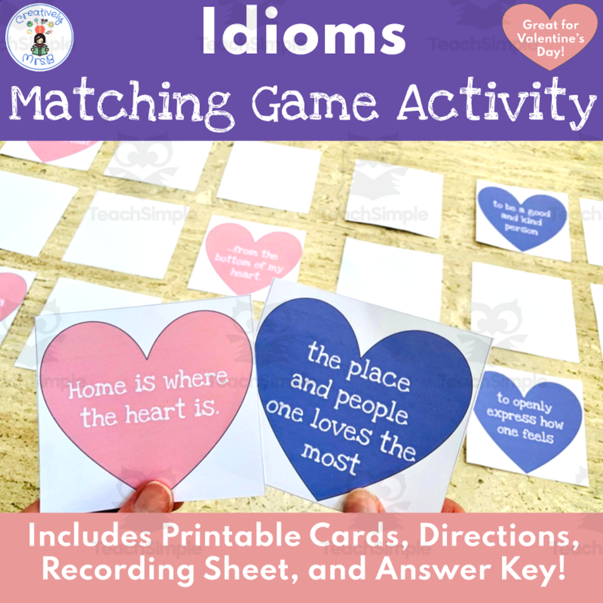 An educational teaching resource from Creatively Mrs. B entitled Valentine Idioms Matching Game downloadable at Teach Simple.