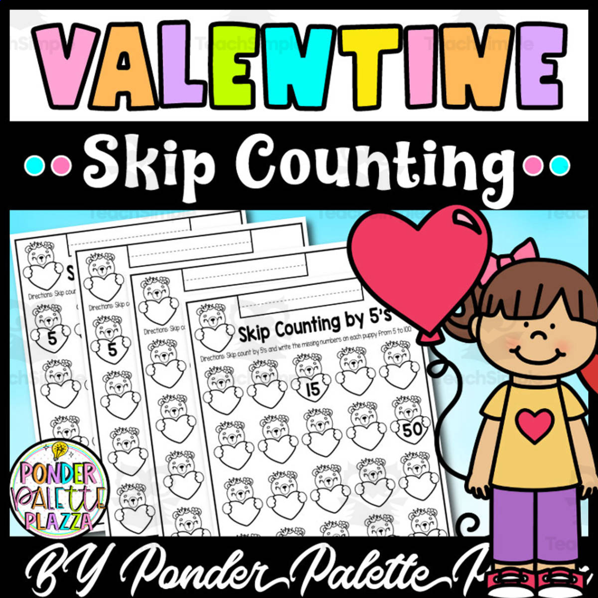 An educational teaching resource from Ponder Palette Plazza entitled Valentine Skip Counting by 5's - Valentine's Day Math downloadable at Teach Simple.