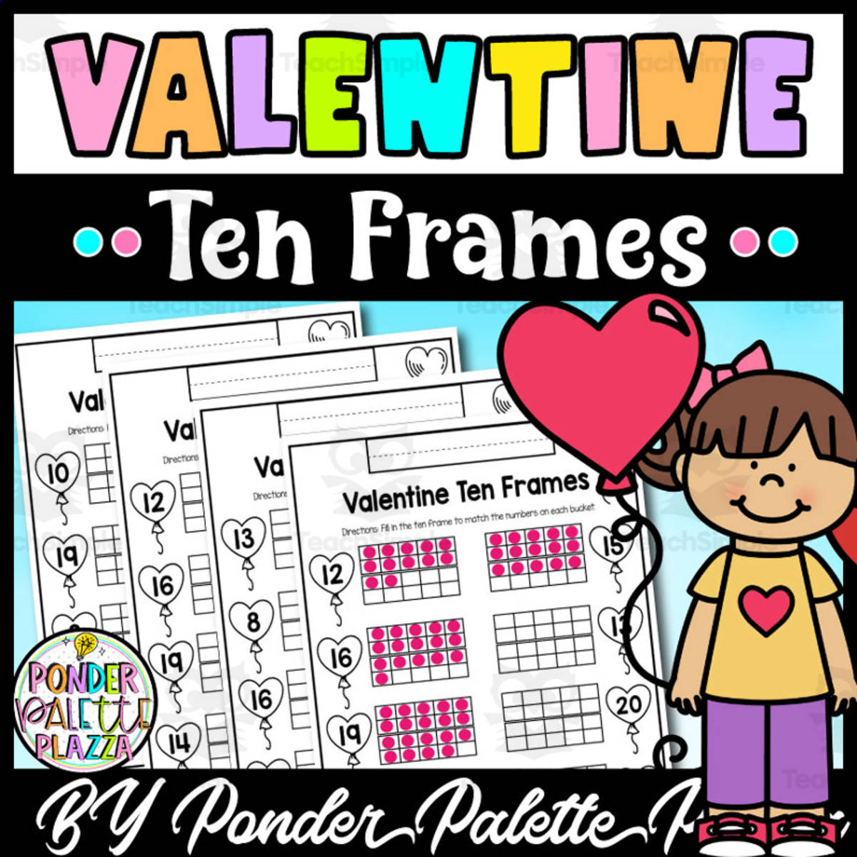 An educational teaching resource from Ponder Palette Plazza entitled Valentine Ten Frames Activity - Numbers 1-20 - Valentine's Day Math downloadable at Teach Simple.