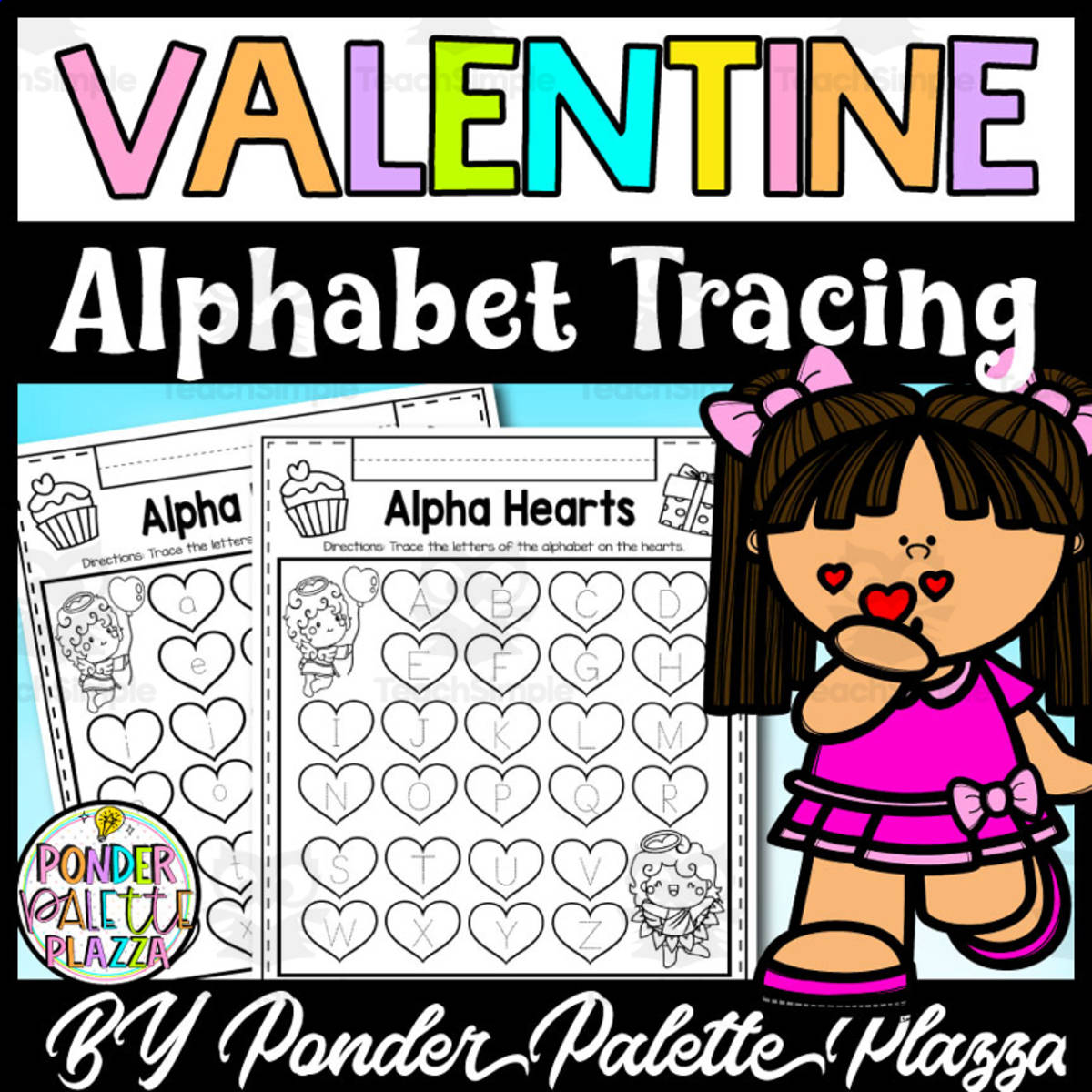 An educational teaching resource from Ponder Palette Plazza entitled Valentine Tracing Alphabet - Uppercase and Lowercase Letters downloadable at Teach Simple.