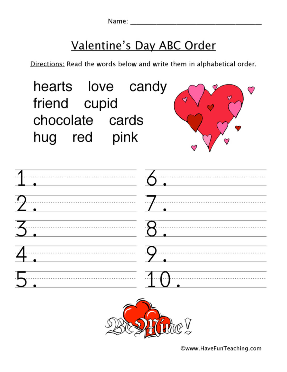 An educational teaching resource from Have Fun Teaching entitled Valentine's Day ABC Order Worksheet downloadable at Teach Simple.