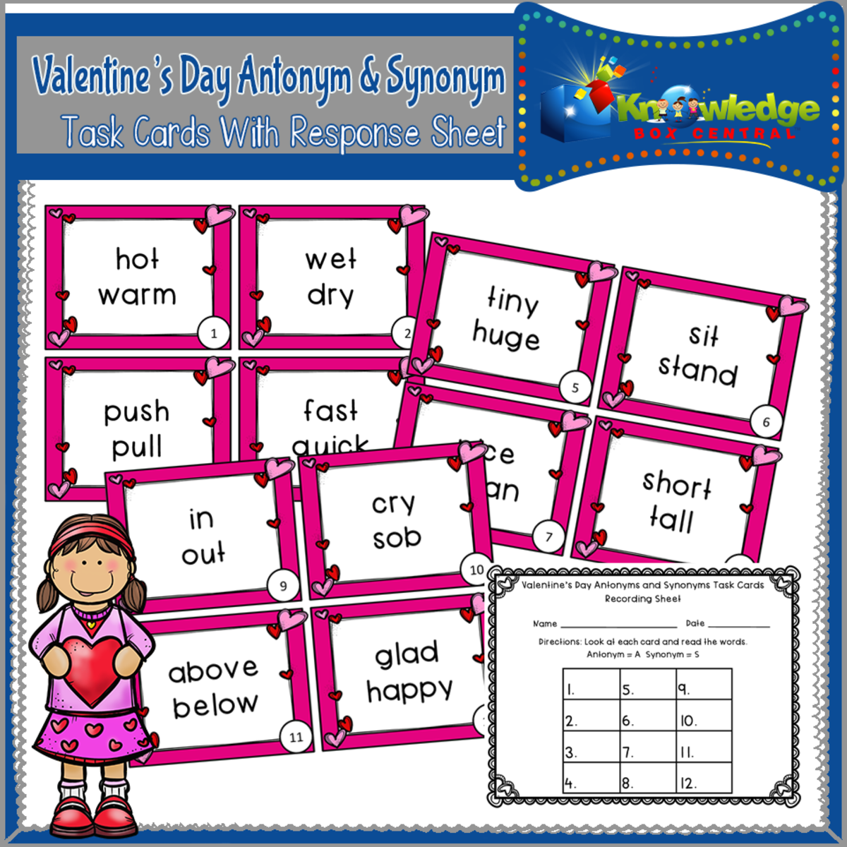 An educational teaching resource from Knowledge Box Central entitled Valentine's Day Antonyms & Synonyms Task Cards - EBOOK downloadable at Teach Simple.