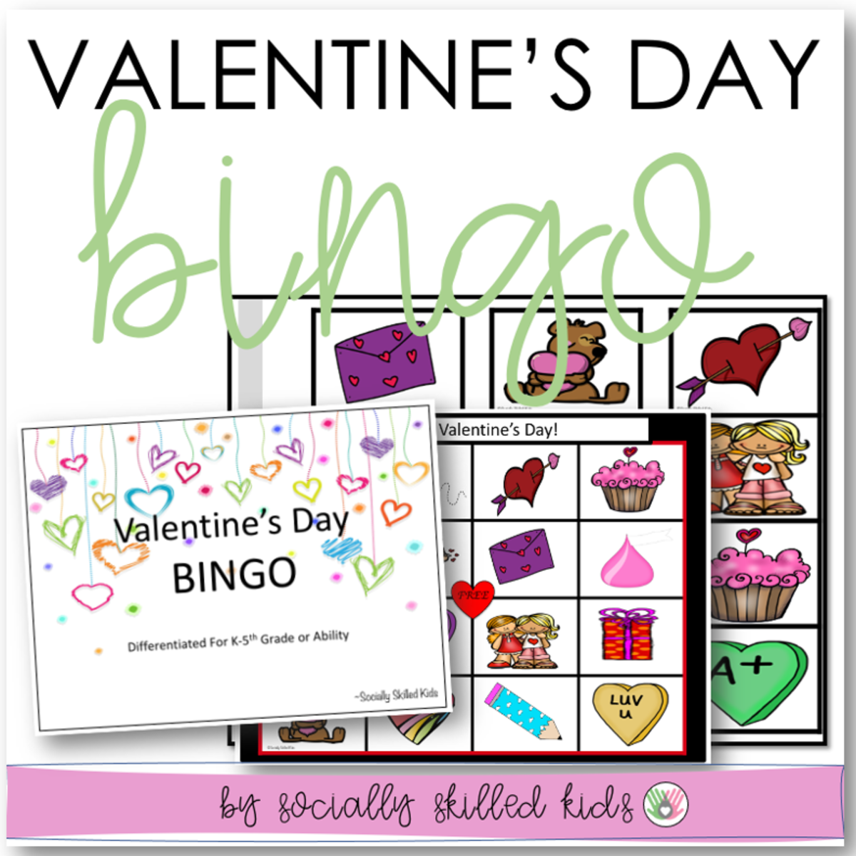 An educational teaching resource from Socially Skilled Kids entitled Valentine's Day BINGO, Differentiated For K-5th downloadable at Teach Simple.
