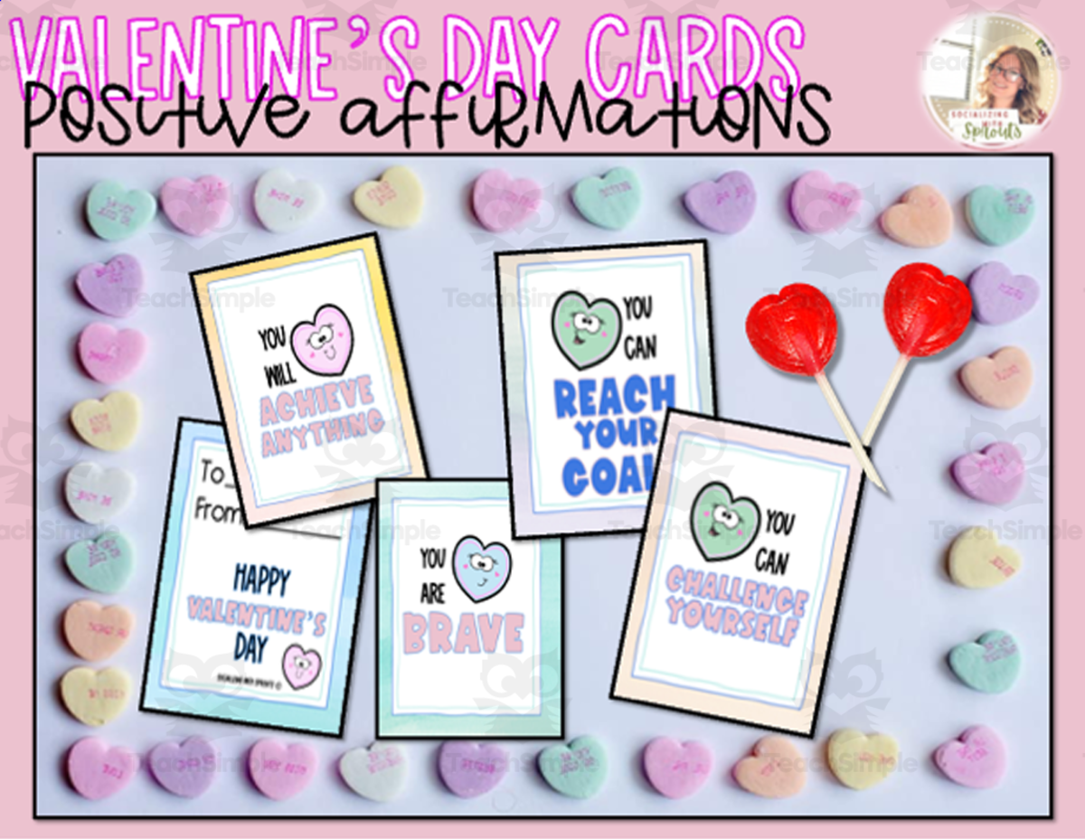 An educational teaching resource from Socializing with Sprouts entitled Valentines Day Cards Positive Affirmations | Valentines Day Elementary downloadable at Teach Simple.
