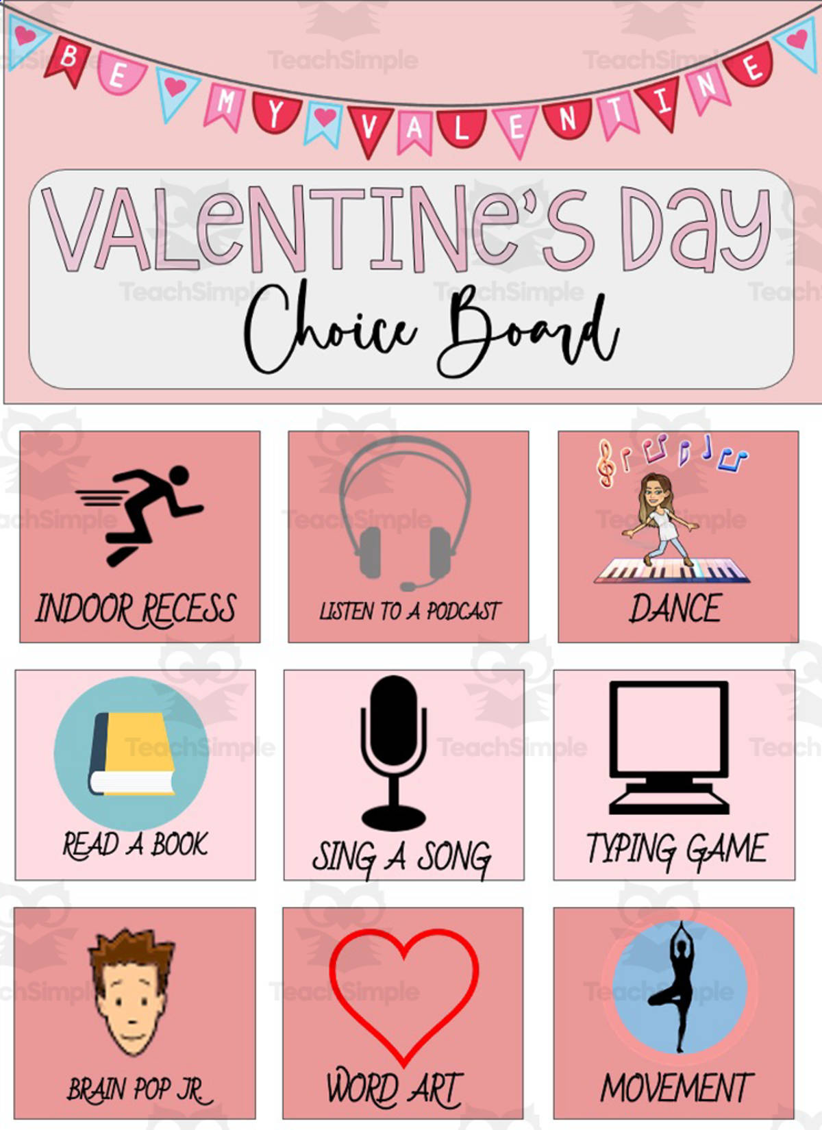 An educational teaching resource from Joyful Noise Teaching entitled Valentine's Day Choice Board downloadable at Teach Simple.