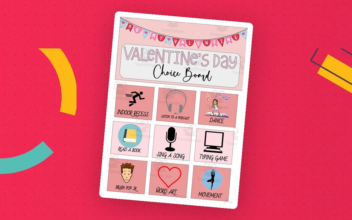 An educational teaching resource from Joyful Noise Teaching entitled Valentine's Day Choice Board downloadable at Teach Simple.