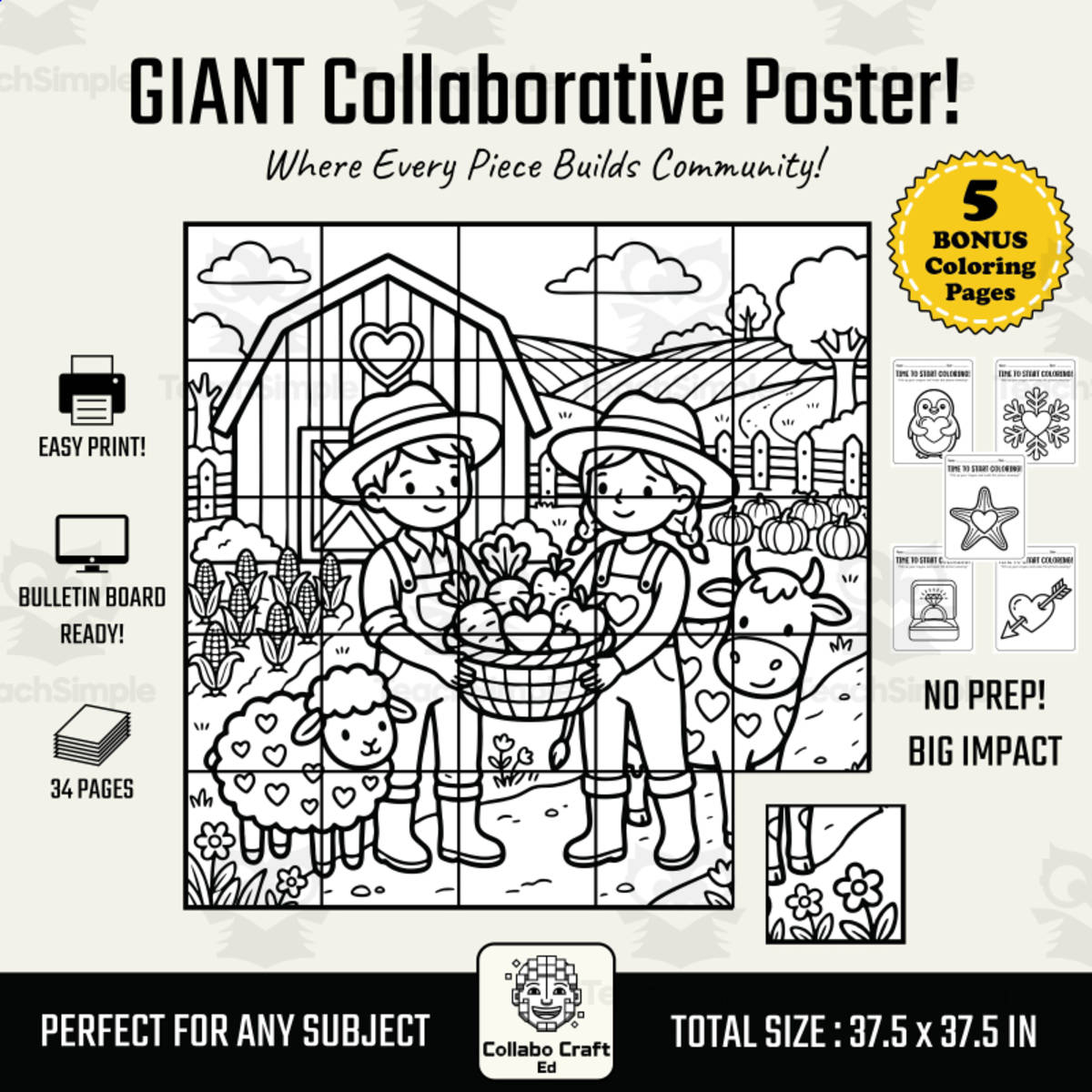 An educational teaching resource from Collabo Craft Ed entitled Valentine's Day Collaborative Poster Farm Theme Art K-5 downloadable at Teach Simple.