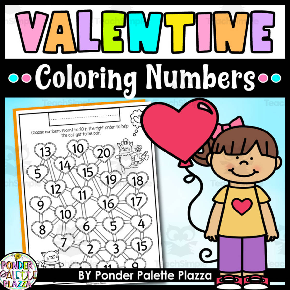 An educational teaching resource from Ponder Palette Plazza entitled Valentine's Day Coloring Activtity - Numbers 1-20 downloadable at Teach Simple.