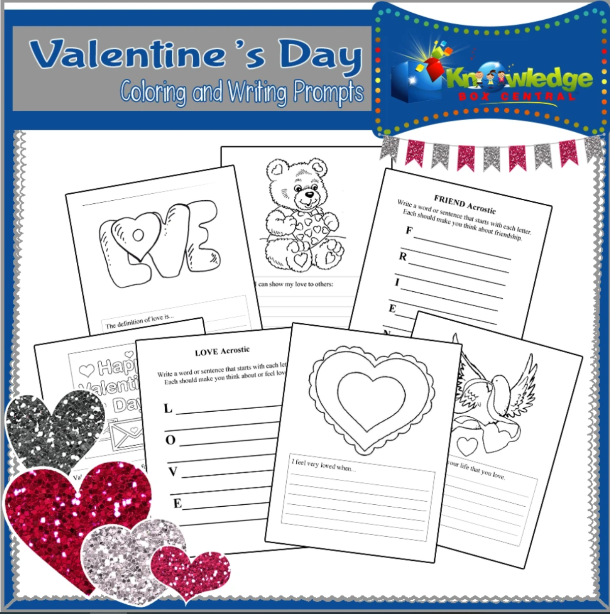 An educational teaching resource from Knowledge Box Central entitled Valentine's Day Coloring & Writing Prompts - EBOOK downloadable at Teach Simple.