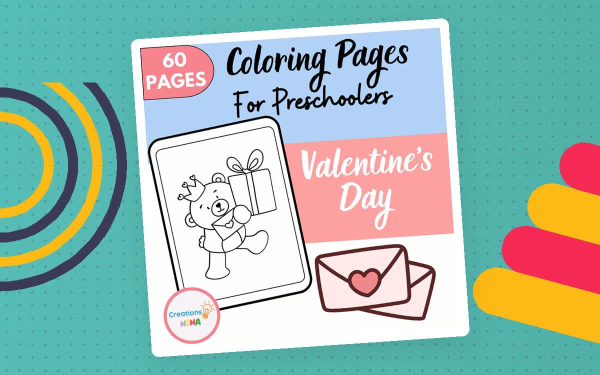 An educational teaching resource from Nena Creations entitled Valentine's Day Coloring Pages for Preschoolers. downloadable at Teach Simple.
