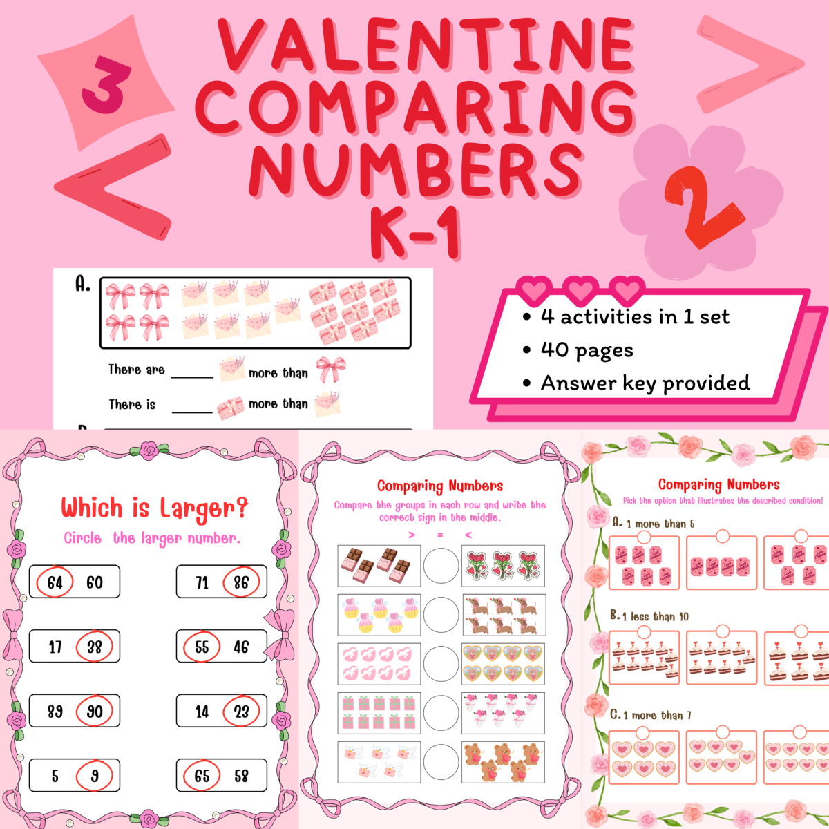 An educational teaching resource from Cutie worksheets986 entitled Valentine’s Day Comparing Numbers Math Worksheets downloadable at Teach Simple.