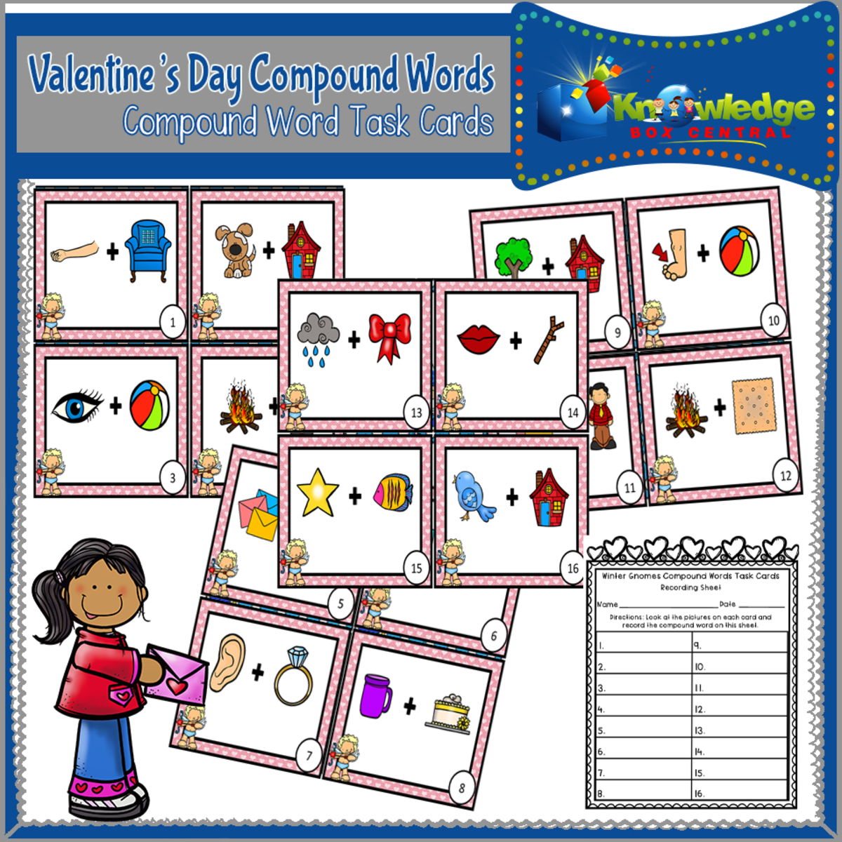 An educational teaching resource from Knowledge Box Central entitled Valentine's Day Compound Words Task Cards - EBOOK downloadable at Teach Simple.