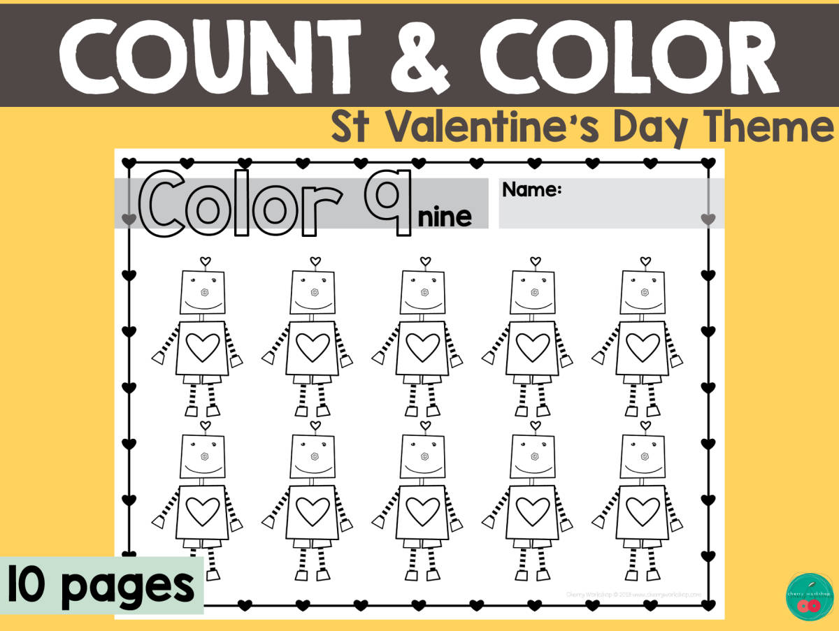 An educational teaching resource from Cherry Workshop entitled Valentine's Day Count & Color downloadable at Teach Simple.