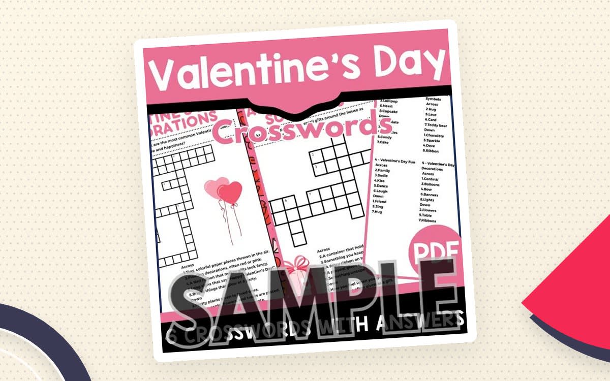 An educational teaching resource from Cored Education entitled Valentine's Day Crossword: 1 Page Sample (PDF) downloadable at Teach Simple.