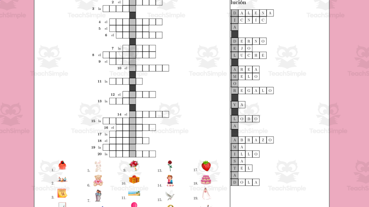 An educational teaching resource from TheBrightestKid entitled Valentine's Day Crossword in Spanish - Día de San Valentín - Día del Amor y la Amistad downloadable at Teach Simple.