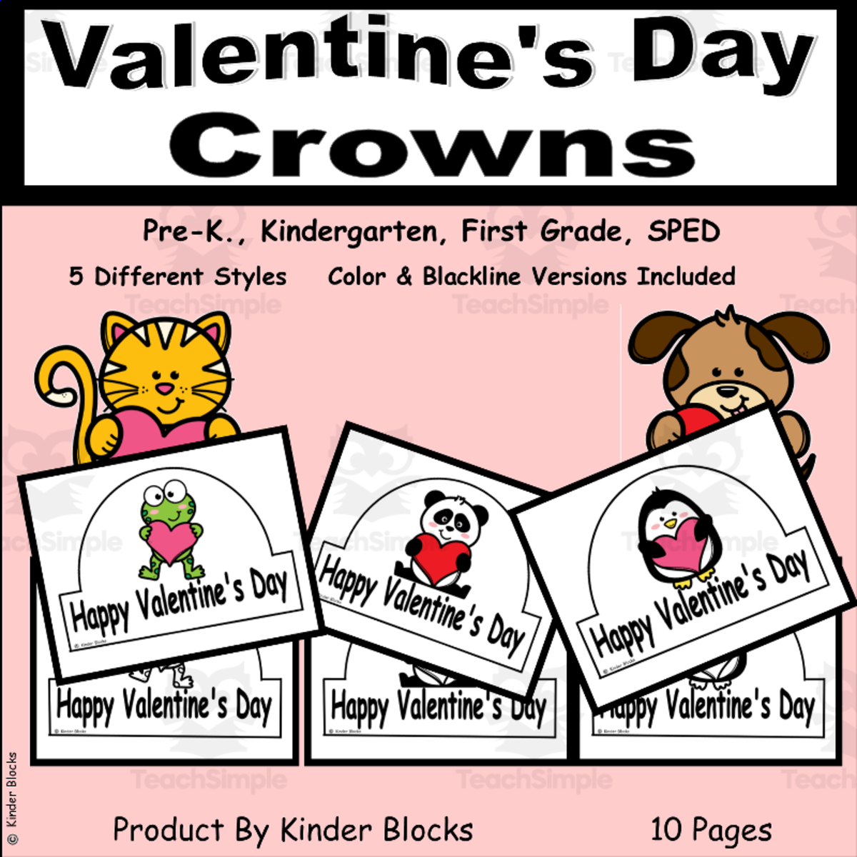 An educational teaching resource from Kinder Blocks entitled Valentine's Day Crowns downloadable at Teach Simple.