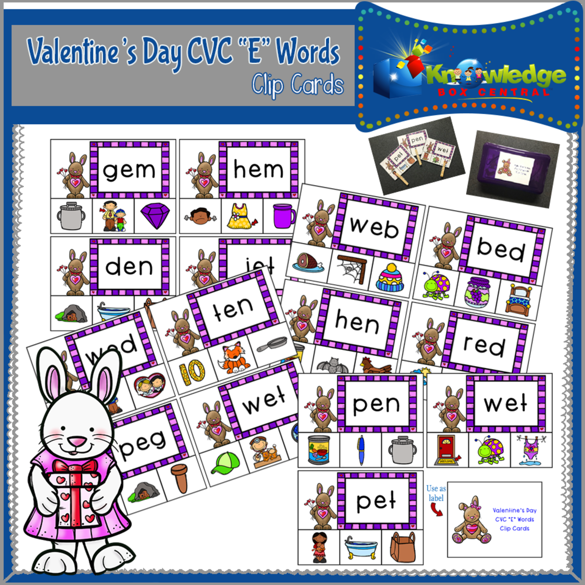 An educational teaching resource from Knowledge Box Central entitled Valentine's Day CVC "E" Words Clip Cards - EBOOK downloadable at Teach Simple.