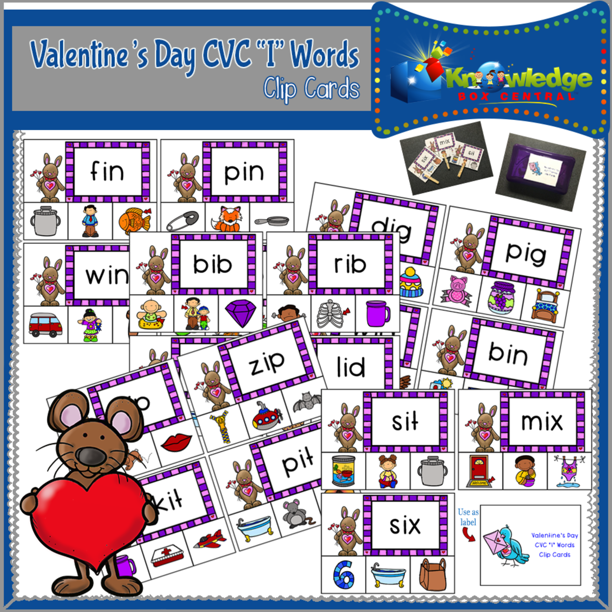 An educational teaching resource from Knowledge Box Central entitled Valentine's Day CVC "I" Words Clip Cards - EBOOK downloadable at Teach Simple.
