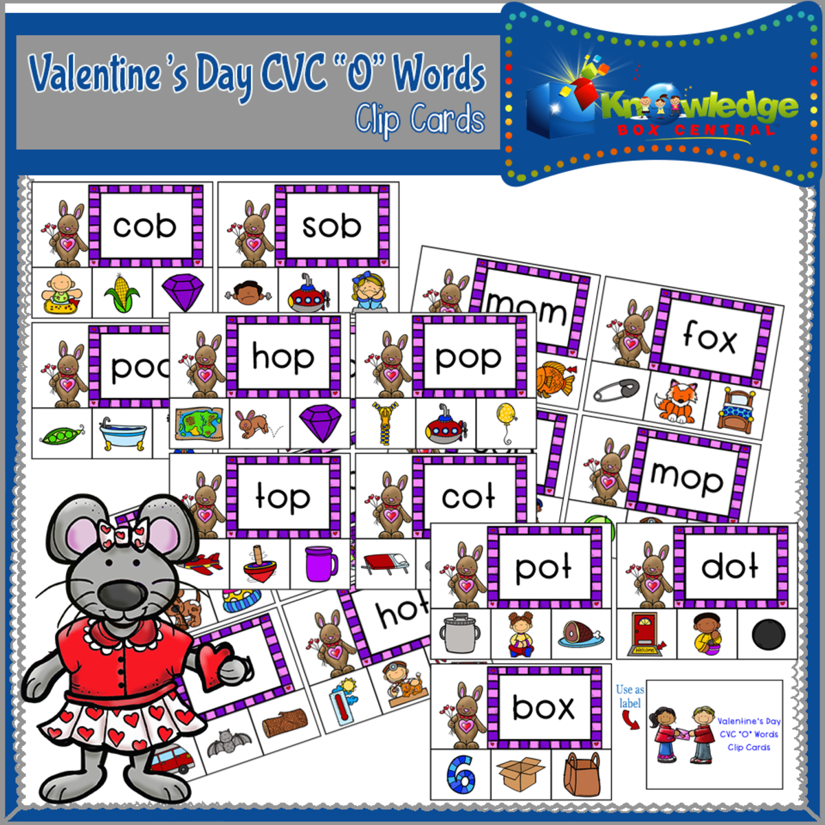 An educational teaching resource from Knowledge Box Central entitled Valentine's Day CVC "O" Words Clip Cards - EBOOK downloadable at Teach Simple.